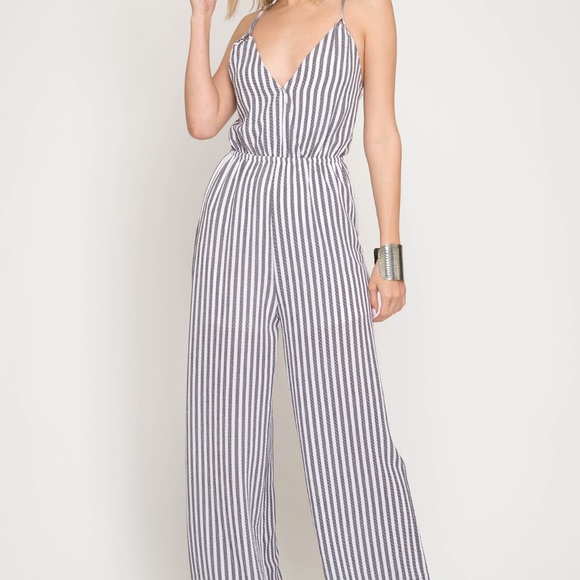 NEW - Navy Blue Striped Jumpsuit - Picture 6 of 6
